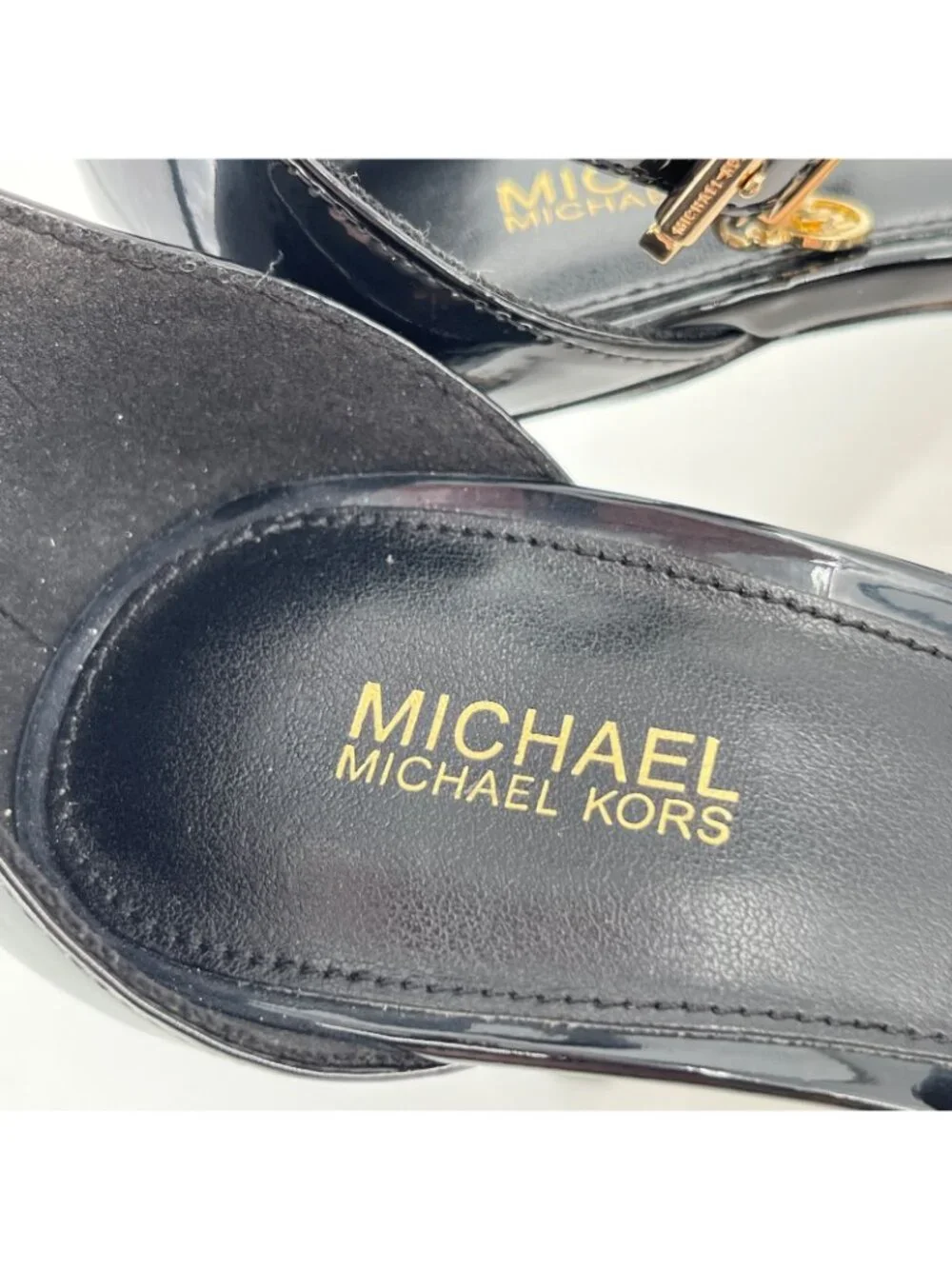 Michael Kors Koda Sandals Black Size 6.5M Faux Leather 3in Heel Ankle Strap